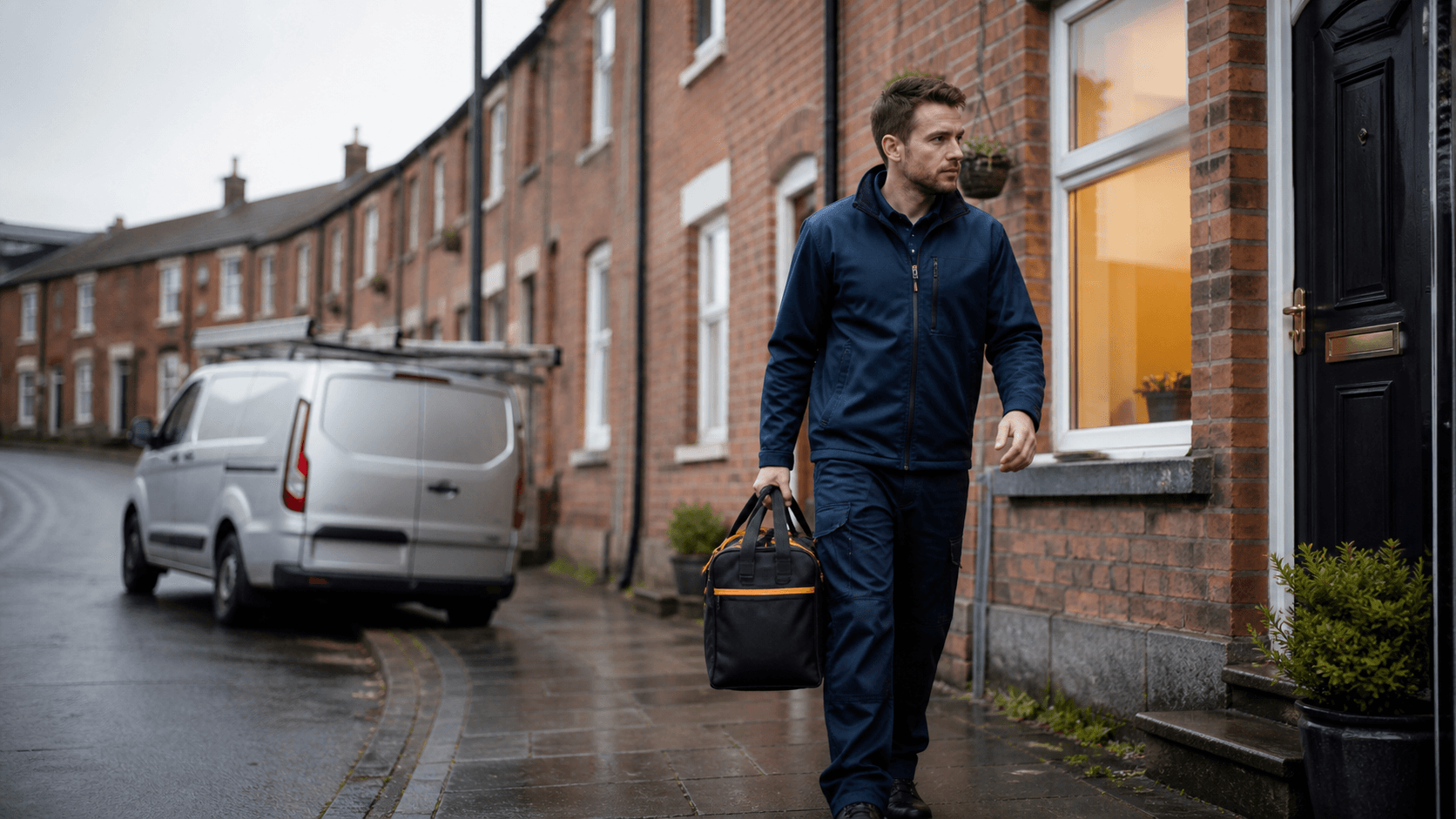 Concept image of a heating engineer arriving at a terraced home