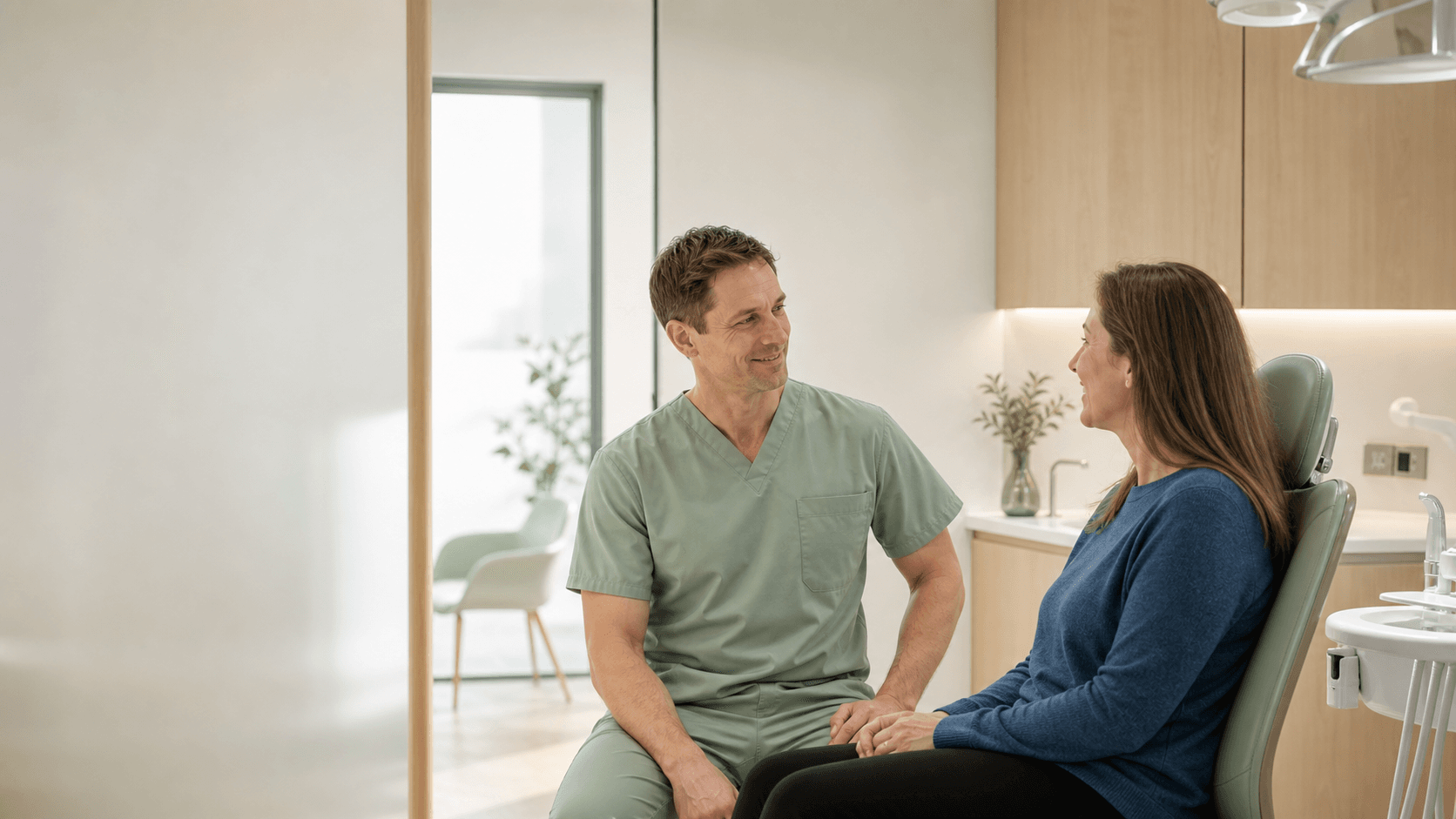 Concept image of a dentist speaking calmly with a patient