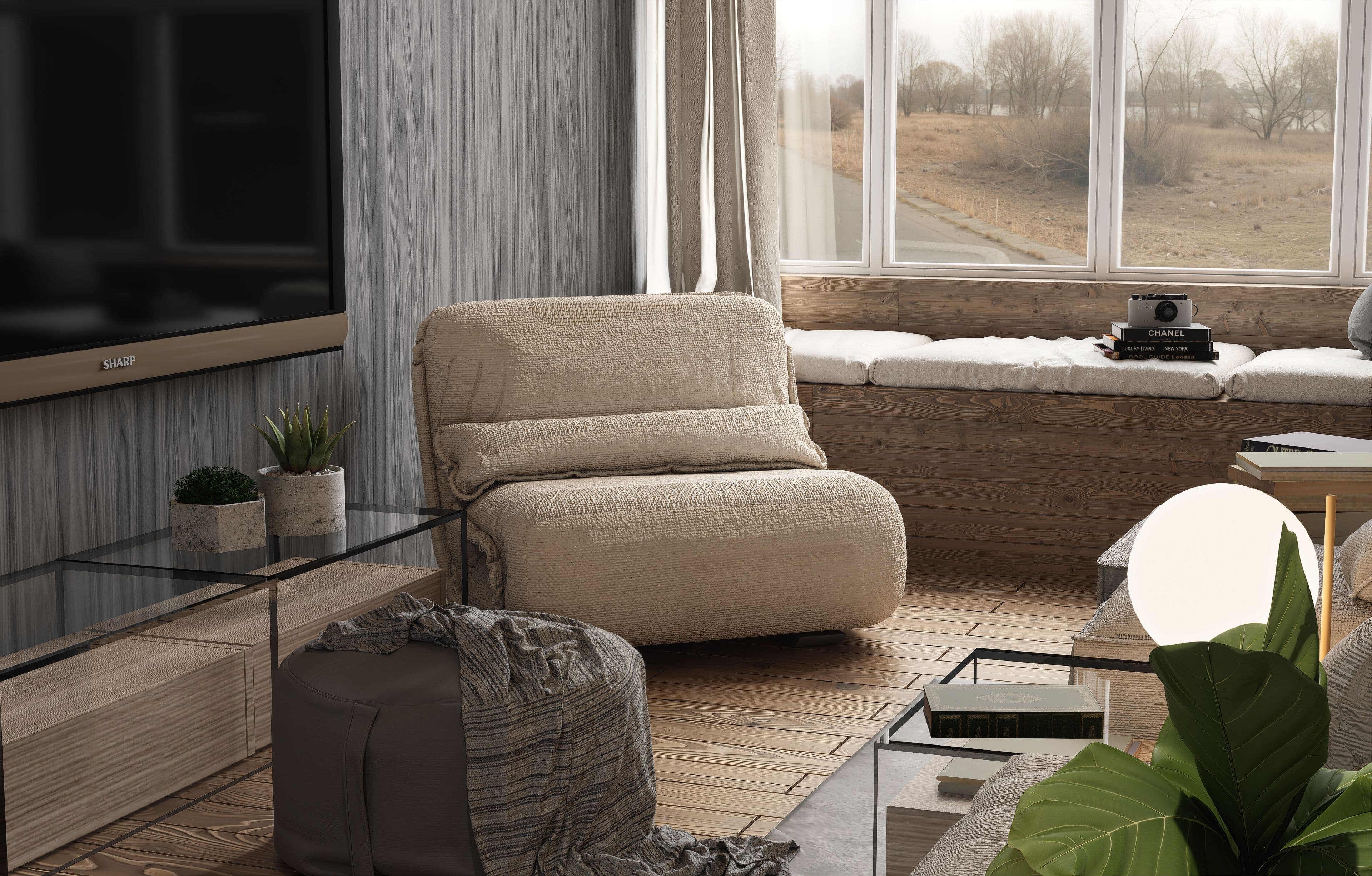Soft contemporary living room with timber flooring and a wide window seat